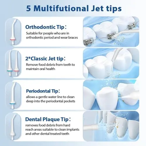 YOOY Water Dental Flosser Teeth Portable Cordless Oral Irrigator Gums Braces Orthodontic Care Irrigation Cleaner Electric Waterflosser Flossing for Teeth Cleaning Rechargeable for Home Travel 6
