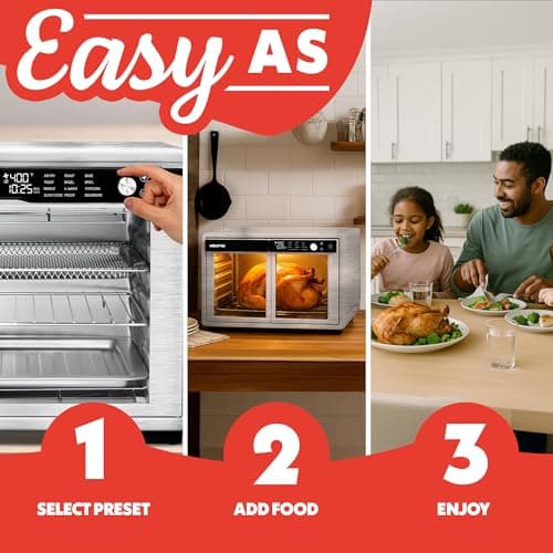 Gourmia French Door Air Fryer Oven - 37 Qt Large Capacity Convection Toaster Oven, FryForce 360°, Digital Display, 12 Cooking Presets, Dehydrate, Fits 13” Pizza, Dishwasher-Safe, Stainless Steel 10