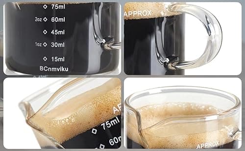 BCnmviku 2 PACK Espresso Glass Measuring Cup Triple Pitcher Milk Cup 75ML Espresso Cups with Handle Shot Glass with V-Shaped Mouth Clear Accessories Milk Frothing Pitcher (2) 6