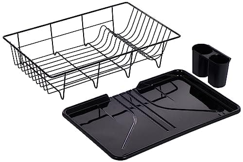 Sweet Home Collection Metal, Plasic ,Dish Drainer Drain Board and Utensil Holder Simple Easy to Use, 12" x 19" x 5", Black