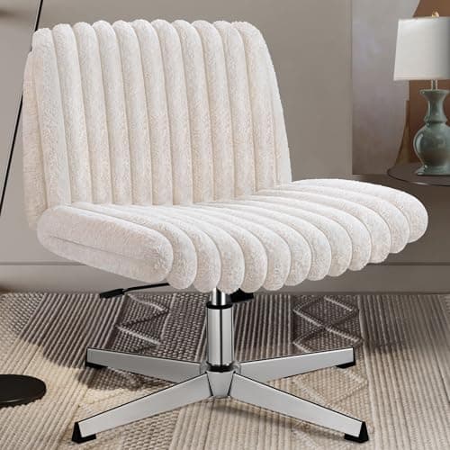 Brick Attic Criss Cross Chair, Armless Office Chair for Home & Bedroom, Plush Swivel Desk Chair No Wheels, Wide Vanity Makeup Chair, Ergonomic Computer Task Chair Beige