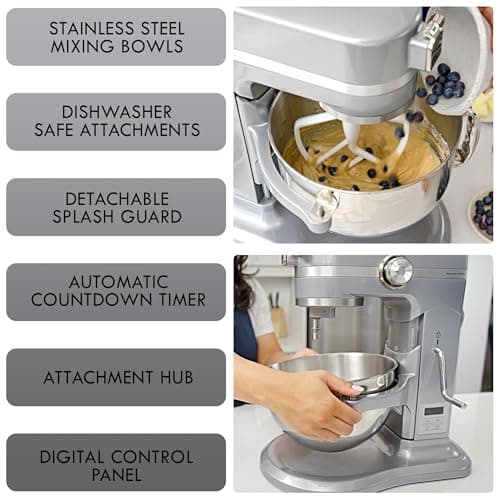 Kenmore Elite 600W Bowl Lift Stand Mixer - Digital 10 Speed Mixing, Electric, Countertop, Heavy Duty, Kitchen Appliance, 5 & 6 Qt Stainless Steel Bowls With Flat Beater, Whisk, Dough Hook Attachments 5
