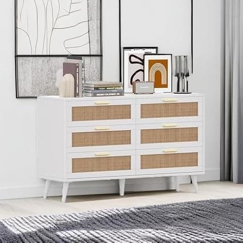 Rovaurx 6 Drawer Double Dresser for Bedroom, Rattan Chest of Dressers, Modern Wooden Dresser Chest with Golden Handles, Beside Table for Closet, Living Room and Entryway, White and Natural 6