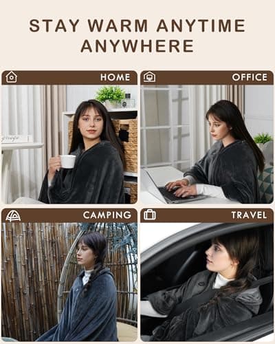 MIMYTH Cordless Heated Blanket, Cozy Portable Heated Blanket Battery Operated w/Hoodie, 3 Temp, 20000 mAh, Camping Wearable Heating Blanket for Car, Heated Throw Cordless 6
