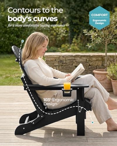 Ciokea Folding Adirondack Chair Wood Texture for Patio, Weather Resistant, Plastic Fire Pit Chair with Cup Holder, Lawn Chair for Outdoor Porch Garden Backyard Deck (Black) 5