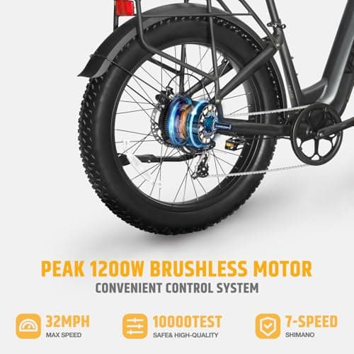 VELOWAVE Electric Bike 26" Fat Tire Ebike Electric Bike for Adults with Peak 1200W Brushless Motor 47.79V 14.4AH Removable LG Cell Battery Step-Thru E Bike Shimano 7-Speed 3