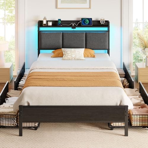 Rolanstar Bed Frame Twin Size with Charging Station and LED Lights, Upholstered Storage Headboard with Drawers, Heavy Duty Metal Slats, No Box Spring Needed, Noise Free, Easy Assembly, Dark Grey