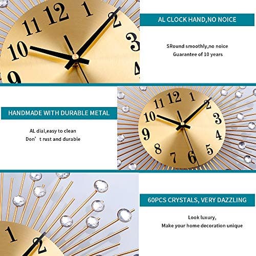 YIJIDECOR Large Wall Clocks for Living Room Decor Modern Gold Silent Wall Clock Battery Operated Non-Ticking for Bedroom Kitchen Home Decorative 14 Inch Round Metal Crystal Wall Watch for Office 5