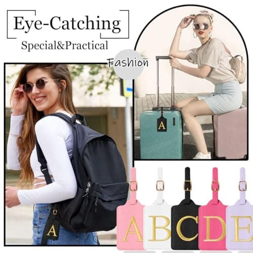 Personalized Initial Luggage Tags for Suitcases,Leather Letter Cute Luggage Tags with Privacy Name Card,Embroidered Monogrammed Travel Bag Backpack Tag Gifts for Women Kids Girls Teens(Black-A) 6