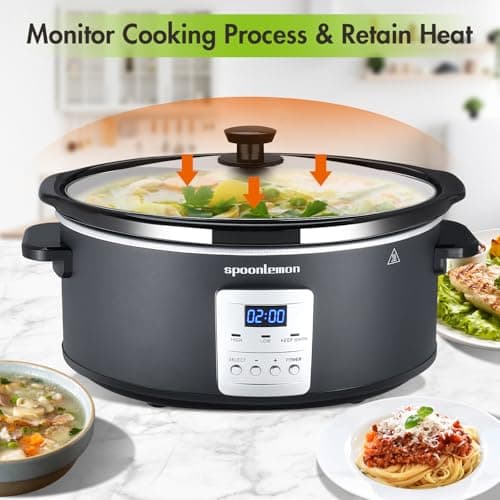 spoonlemon 7 QT Slow Cooker, 280W Electric Crock Cooker with Digital 20H Timer & 3-Level Heat Settings, Oval Ceramic Inner Pot for Family Dinners, programmable slow cooker black 8