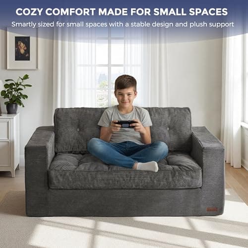 MAXYOYO Loveseat Sofa Couch, Upholstered Bean Bag Chair Cloud 2-Seat for Adults, Boneless Couch with Tufted Cushion & Pillows, Sofa in A Box, No Assembly Required, Dark Grey 7