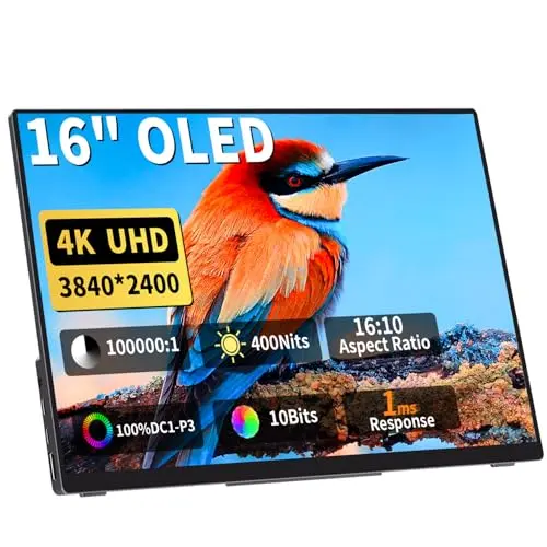 DAMRAPT 16" OLED Portable Monitor 4K 16:10, 3840x2400p, 100% Adobe RGB, 10-Bit, 400+ Nits, 100000:1 Contrast,Ultra-Slim Travel Monitor with Seelve Case, External for Laptop, Mac, PC, Game Consoles