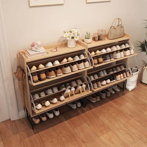 AVZEAR Narrow Shoe Storage Cabinet for Entryway with 2 Flip Drawers, Freestanding Shoe Cabinet with Natural Linen Panel, Slim Wood Shoe Organizer Closed Shoe Rack for Hallway, Foyer, Natural 7