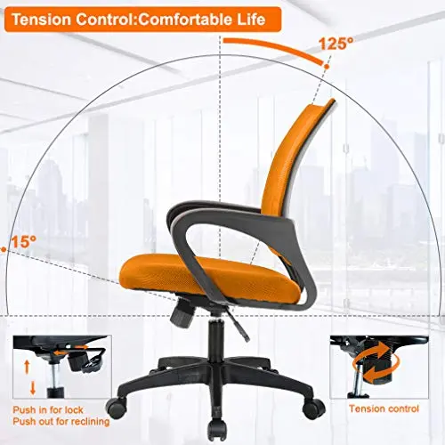 BestOffice | Ergonomic Office Chair | Mid-Back Swivel Desk Chair | Breathable Backrest & Lumbar Support | Adjustable Height | Sponge Seat | Rolling Wheels | Orange | for Adults & Women 8