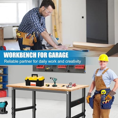 48" Workbench Desk with Power Outlets, Adjustable Height Rubber Wood Top Heavy-Duty Work Table, 2000 LBS Load Capacity Work Station for Garage, Workshop, Office, Home 6