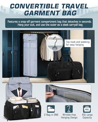 RAINSMORE Convertible Garment Bags for Travel, 45L Garment Duffle bag for Hanging Clothes, 3 in 1 Suit Travel Bag for Business Trips with Shoulder Strap, Carry On Suit Luggage for Men Women, Black 2