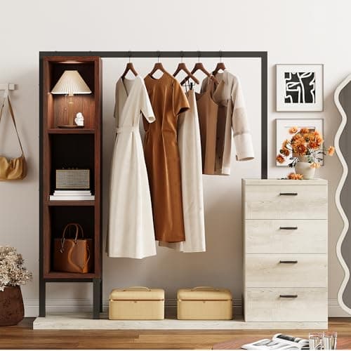 IRONCK Clothes Rack with 4 Wooden Drawers, Heavy Duty Garment Rack with Hanging Rack & 3 Shelves for Storing Clothes, Bags, White Maple with Red Walnut 8