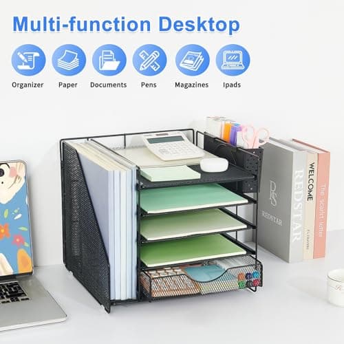 OUTIOE Desk Organizer with Drawer and Pen Holder, 5-Tier Paper Letter Tray Organizer with File Holder, Suitable for Workspace Organizer Office Supplies Storage (Black) 7
