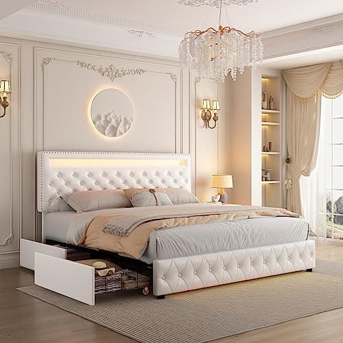 Queen Led Bed Frame with 4 Storage Drawers, with Smart Control RGBW LED Lights Headboard Footboard, Control DIY Color, Box Spring Optional, PU White 8