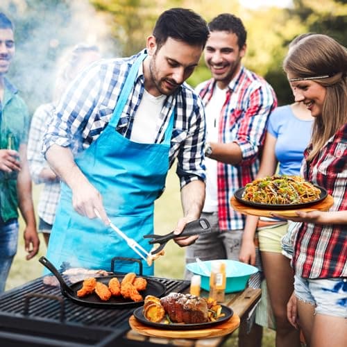 FoldTier 6 Sets Cast Iron Skillet Set 10.63'' x 6.89'' Fajita Plate Sizzling Pan with Wooden Base Anti Scald Protection Removable Handle for Restaurant Kitchen Cooking Accessory BBQ Party 5