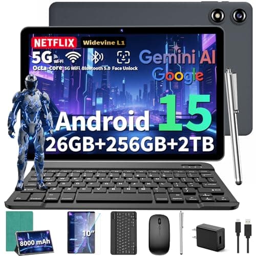 2026 10 Inch Tablet, Android 15 Tablet with Keyboard, 24GB RAM + 256GB ROM (2TB Expand), Tablets PC with 8-Core, Gemini AI, 5G WiFi, 8000mAh, BT5.0,GPS, 2-in-1 Tablets with Mouse, Case, Stylus (Green)