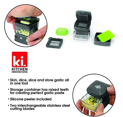 Kitchen Innovations Garlic-A-Peel Garlic Press, Crusher, Cutter, Mincer, and Storage Container - Includes Silicone Garlic Peeler - Easy to Clean - Stainless Steel Blades – (Grey), standard 8