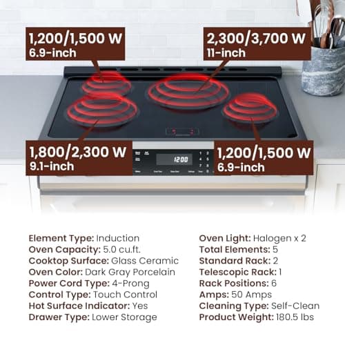 Rangaire RRI303GS 30" Glass Touch Induction Range Oven - Stainless Steel, Induction Burners, True Convection, Self Cleaning, Easy Reach Racks 8