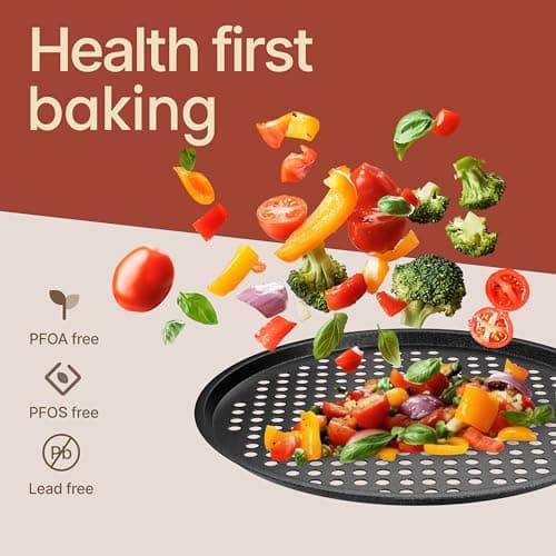 Bakken Pizza Baking Pan - Round Perforated Carbon Steel Pan with Non-Stick Marble Coating, Oversized Silicone Handle, Dishwasher Safe, High-Temperature Resistant, Durable & Easy Cleanup Gray, 2 Pack 5