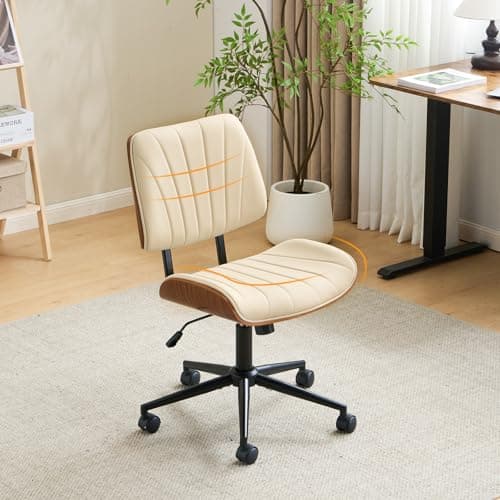VINGLI Wide Curved Seat&Back Armless Home Office Chair,Ergoromic Adjustable-Height Desk Chair,Swivel&Tilting Function,Stylish Walnut Task Chair for Meeing Room,Dining Room,PU,Khaki