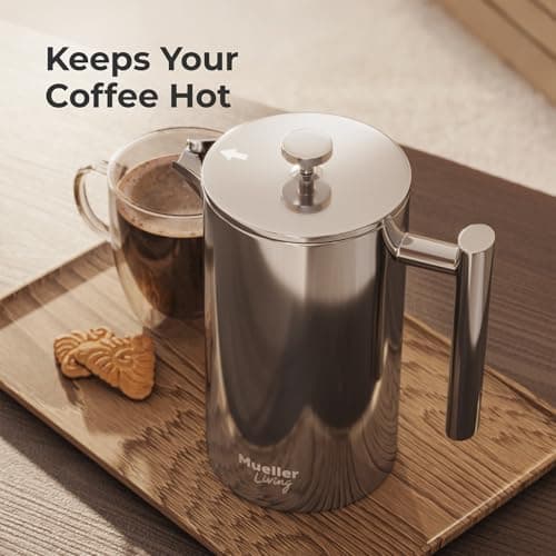 MuellerLiving French Press Coffee Maker 34oz, Stainless Steel French Press Coffee, 4 Filter Heat Resistant Double Insulated, Rust-Free, Food Grade, Dishwasher Safe Coffee Pot 6