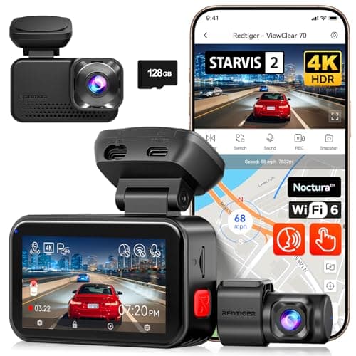 REDTIGER ViewClear 70 4K+2.5K Dash Cam Front and Rear, 8MP STARVIS 2 IMX678 x Noctura™ Sensor, Dual HDR Hyper Night Clarity, 5.8GHz WiFi 6, 30MB/S Fast Download, Dash Camera with 24H Parking Monitor