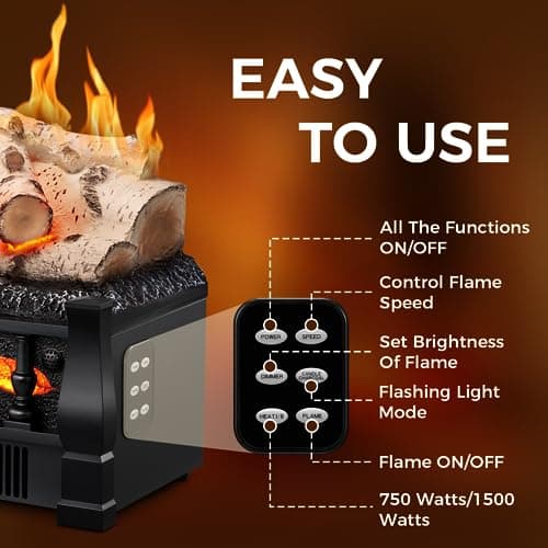 Joy Pebble Electric Fireplace Insert Log Heater 21",750W/1500W Adjustable 5 Flame Brightness,5 Speed Mode,Fireplace Insert with Realistic Ember Bed and Whitish Gray Log,Remote Control 5