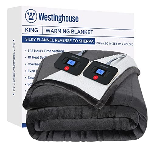 Westinghouse Electric Blanket King, Heated Blanket King Size with 10 Heating Levels and 1 to 12 Hours Heating Time Settings, Flannel to Sherpa Reversible, Machine Washable (90" x 100", Charcoal)