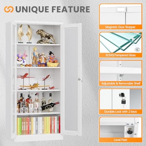 AFAIF Locking Display Cabinet with Glass Door, 71”H Metal Curio Cabinets with Adjustable Shelves, White Liquor Caninet Display Case for Living Room, Collectibles, Clinic, Home - Assembly Required 7