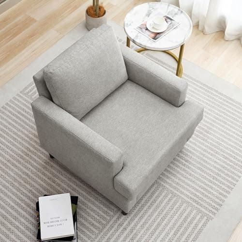 Weture Mid-Century Accent Chair,Modern Linen Fabric Armchair for Living Room,Comfy Upholstered Reading Accent Chairs for Bedroom,Single Sofa Chair with Wood Legs (Light Grey, 1 Pack) 5