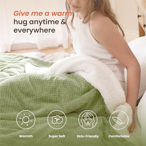 blunique Heated Blanket Electric Blanket Full Waffle,72x84 Inches Sherpa Fleece Fast Heating Blanket 6 Heating Levels & 10 Hours Auto Off ETL Certification,Sage Full 3