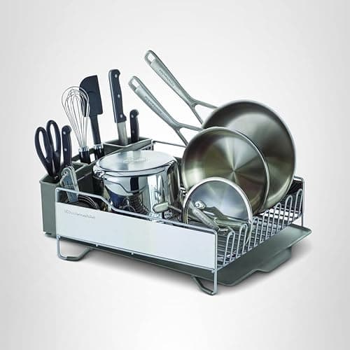KitchenAid Large Capacity Full Size Rust Resistant Dish Rack with Angled Drain Board and Removable Flatware Caddy, Light Grey 7