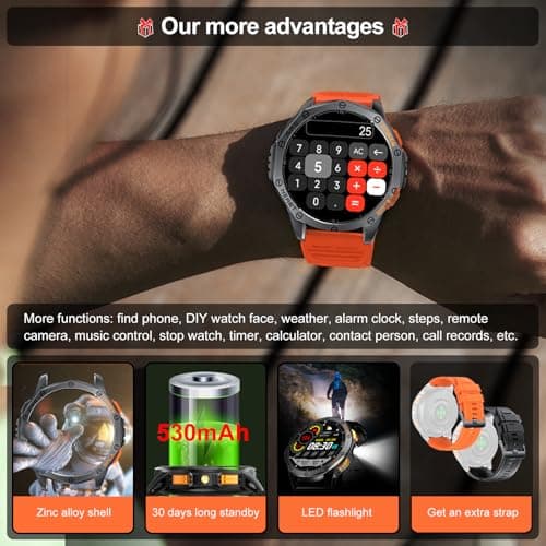 Military Smart Watches Built-in GPS, 170+ Sport Modes for Men with Flashlight, Smartwatch for Android Phones and iPhone, 1.43" AMOLED Screen Bluetooth Call Compass Altimeter (Black & Orange (2 Bands)) 6