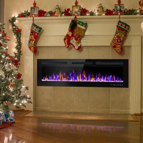 BETELNUT 60" Electric Fireplace Wall Mounted and Recessed with Remote Control, 750/1500W Ultra-Thin Wall Fireplace Heater W/Timer Adjustable Flame Color and Brightness, Log Set & Crystal Options 6