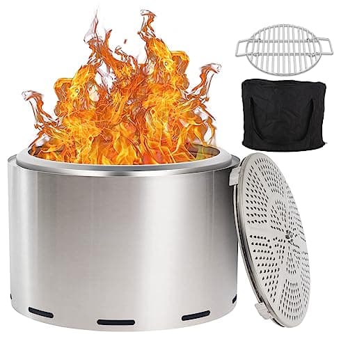 Hykolity Smokeless Fire Pit with Cooking Grate, 27 Inch Stainless Steel Fire Pit with Removable Ash Pan, Carry Bag, Outdoor Wood Burning Smokeless Firepit for Outside Bonfire Backyard Patio Camping