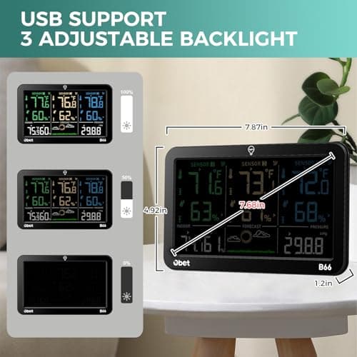 OBET Weather Station Wireless Indoor Outdoor Thermometer Wireless, Color Display Digital Temperature and Humidity Monitor with 3 Sensors, Alerts, Adjustable Backlight, USB Port (500 Feet) 6