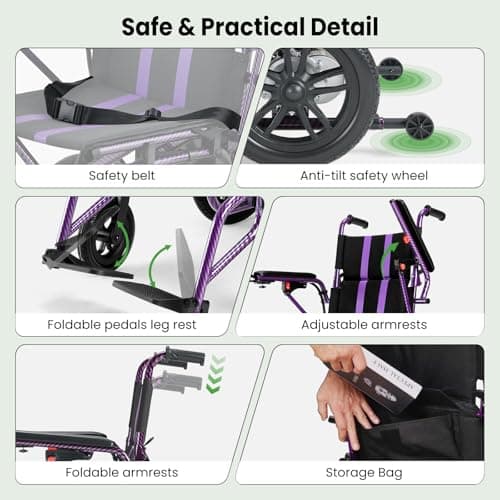 Electric Wheelchairs for Adults，Lightweight Foldable Wheelchair 15 Miles Long Travel Range, 360° Joystick Control Motorized Wheelchair, Support 286 lbs with LED Light Power Wheelchair (Purple) 8