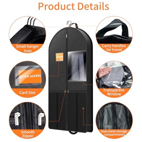 Suit Garment Clothes Travel Bag: 43 inch Lightweight Foldable Black Short Fabric Breathable - Hanging Storage Cover Pockets Zipper for Men - Wardrobe Carry Coat Jacket Uniform Tuxedo Shirt 6