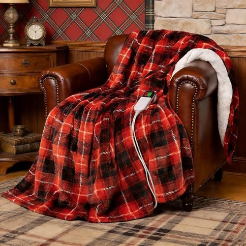 PTQ Red Christmas Electric Heated Blanket 50"x60", Fast Heated Throw with 8 Hours Auto Off/8 Heats Levels, Soft Plaid Sherpa with ETL Certification, Gifts for Adults Keep Warm in Home Office