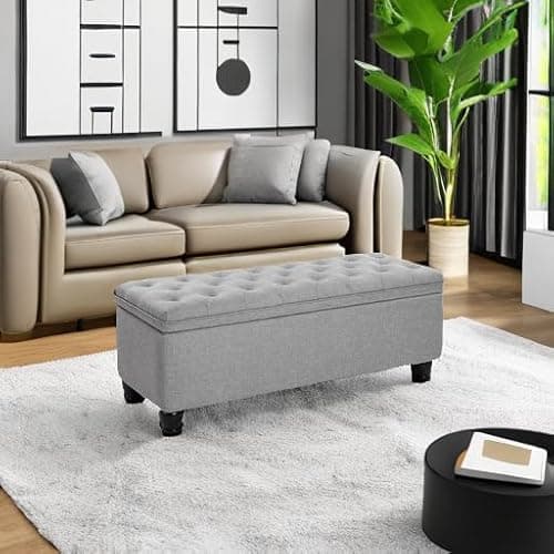 SONGMICS Storage Ottoman, Storage Bench, Tufted Entryway Bedroom Bench, 17.7 x 46.5 x 17.7 Inches, Hinges Easy Lid Operation, Wooden Legs, Linen-Look Cover, Loads 330 lb, Light Gray ULOM070G02 6