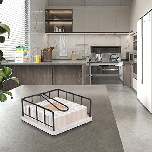 Livabber Flat Napkin Holder, Metal Kitchen Napkin Storage with Weighted Tension Arm Rustic Tissue Paper Dispenser for Countertop, Table Kitchen, Dining Room (With Marble Base, Black) 8