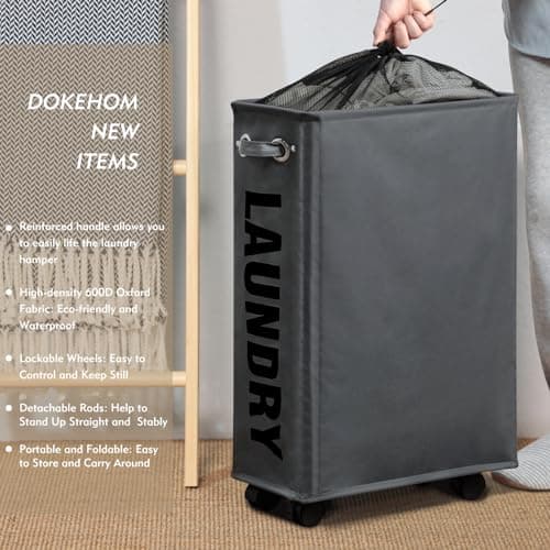 DOKEHOM 25-Inches Slim Laundry Basket on Wheels, Collapsible Rolling Laundry Hamper, Foldable Narrow Corner Clothes Storage Bins (Dark Grey) 2