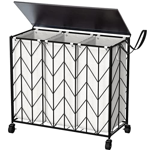 WOWLIVE Laundry Basket with Wheels, 142L Laundry Hamper 3 Section with Lid, Dirty Clothes Hamper with Removable Bags, Large Capacity Iron-Made Laundry Basket Organizer Laundry Sorter for Dorm, Beige