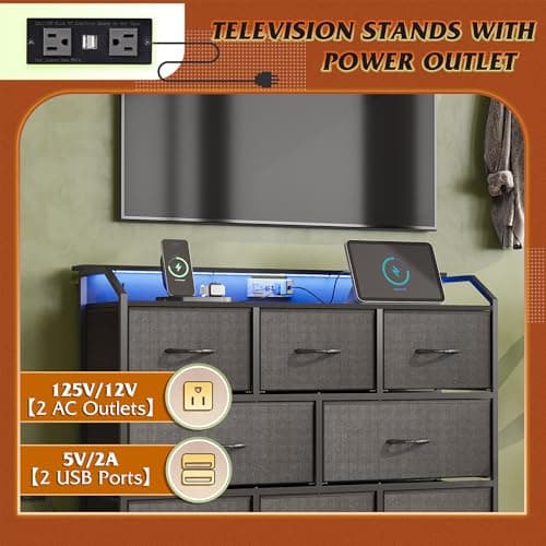 WLIVE Led Dresser for Bedroom, Black Dresser TV Stand for Bedroom with LED Lights and Power Outlet, Wide Chest of Drawers for Hallway, 8 Fabric Drawers for Living Room and Entryway, Easy to Assemble 7