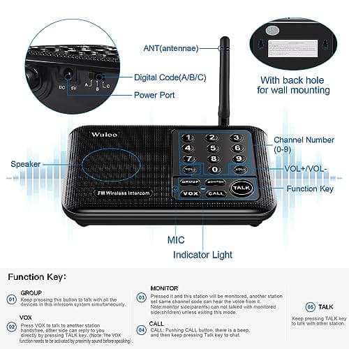 Wuloo Intercoms Wireless for Home 1 Mile (5280 Feet) Range 10 - Channel, Wireless Home Intercom System for House Business Office, Room to Room Intercom, Home Communication System (2 Packs, Black) 5